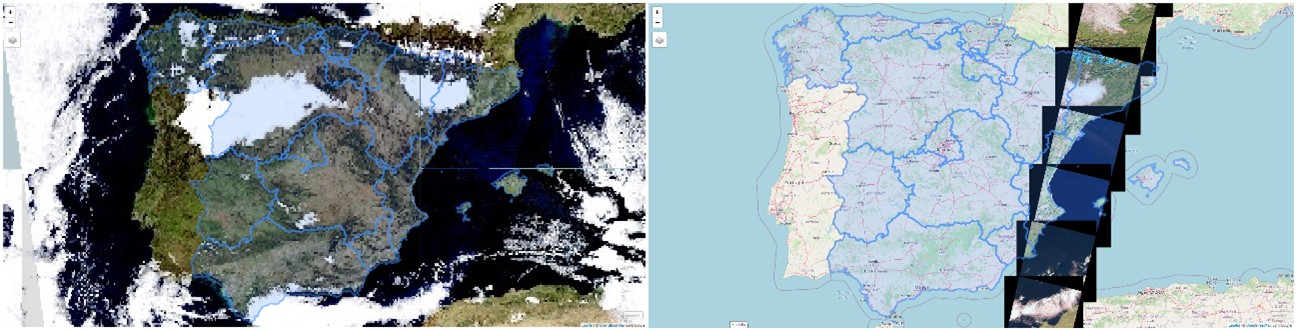 Figura 1. Captura de diferentes satélites el 5 de enero de 2020 sobre la península Ibérica. A la izquierda la captura realizada por el satélite Terra (que incorpora el sensor MODIS), a la derecha la captura realizada por el satélite Landsat-8.