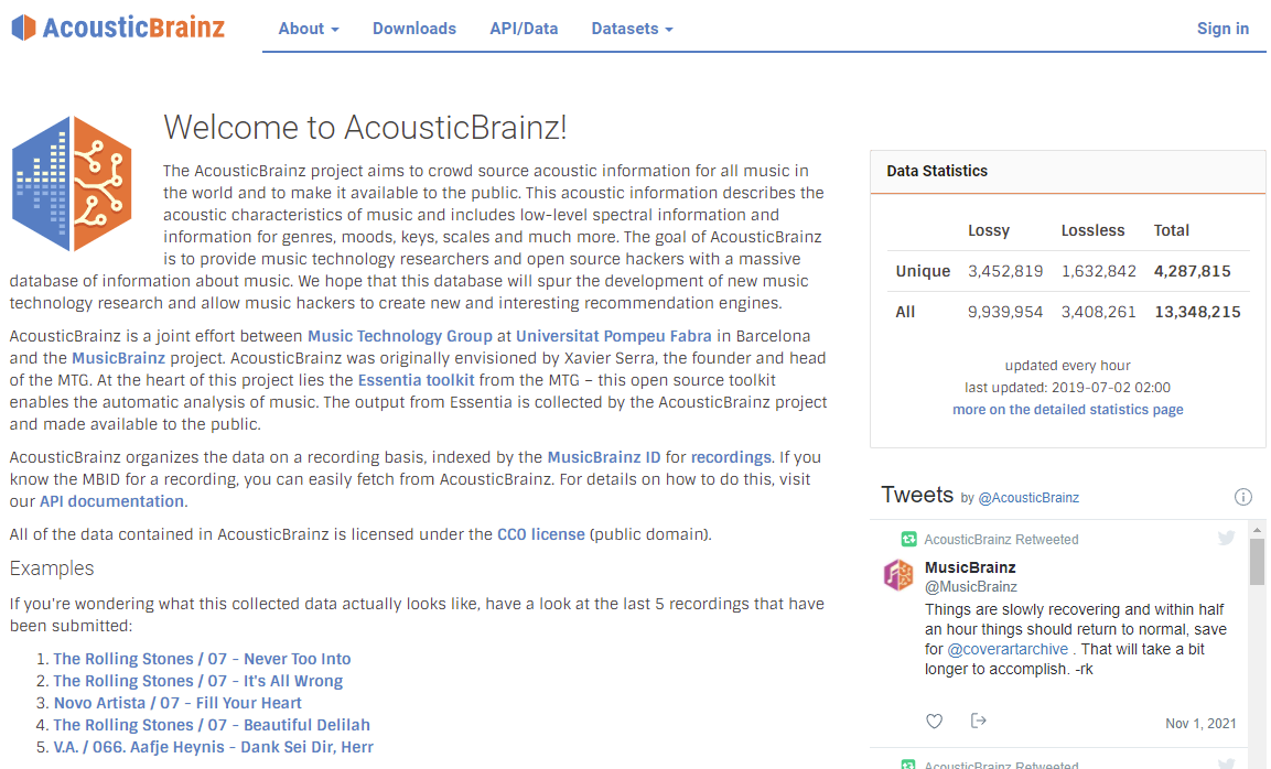 Interfaz de acousticbrainz.org. Plataforma colaborativa para la creación de un corpus de música desarrollada en el Grupo de Tecnología Musical de la UPF.