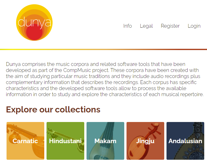 Interfaz de dunya.compmusic.upf.edu. Plataforma para la creación de corpora de músicas no occidentales desarrollada en el Grupo de Tecnología Musical de la UPF.